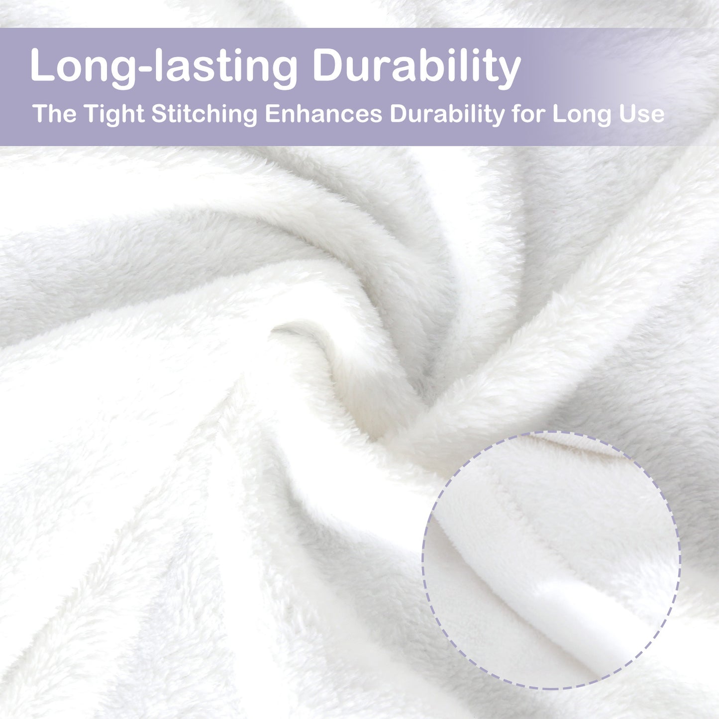 Close-up of white fabric with stitching detail and text about durability.