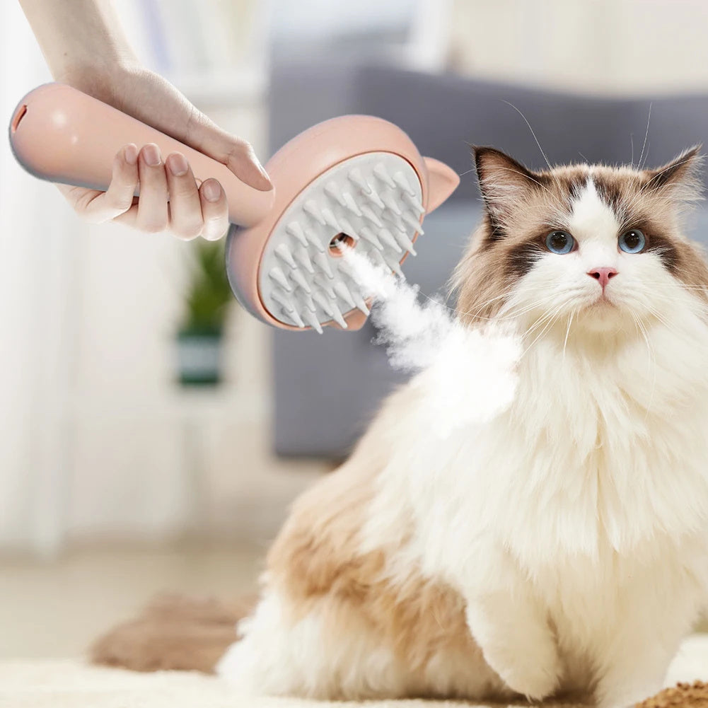 Person using a pet grooming brush on a fluffy cat indoors.