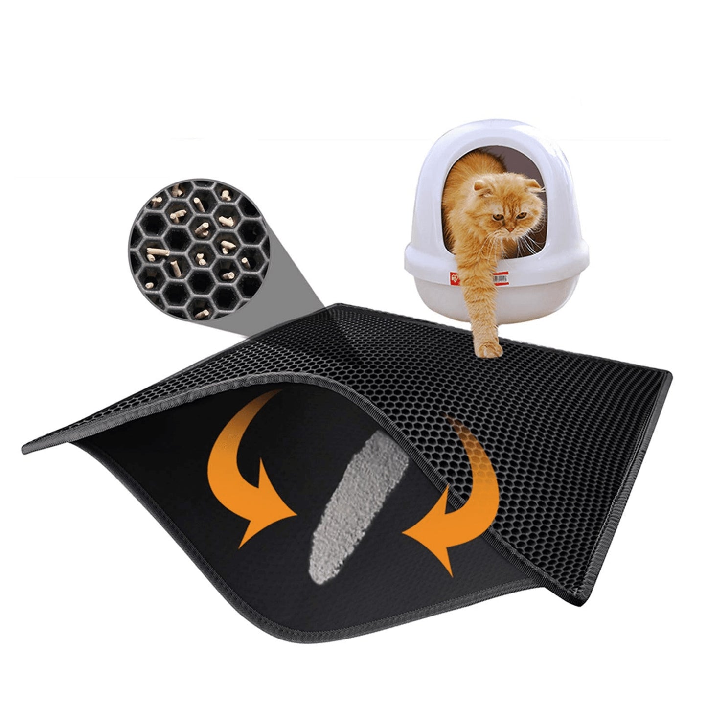 Cat litter mat with textured surface and honeycomb pattern, showing a cat using a litter box.