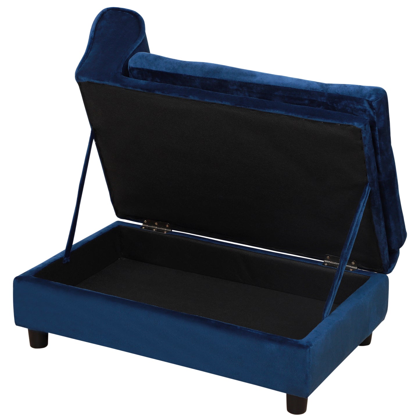 Blue upholstered storage bench with black interior on a white background
