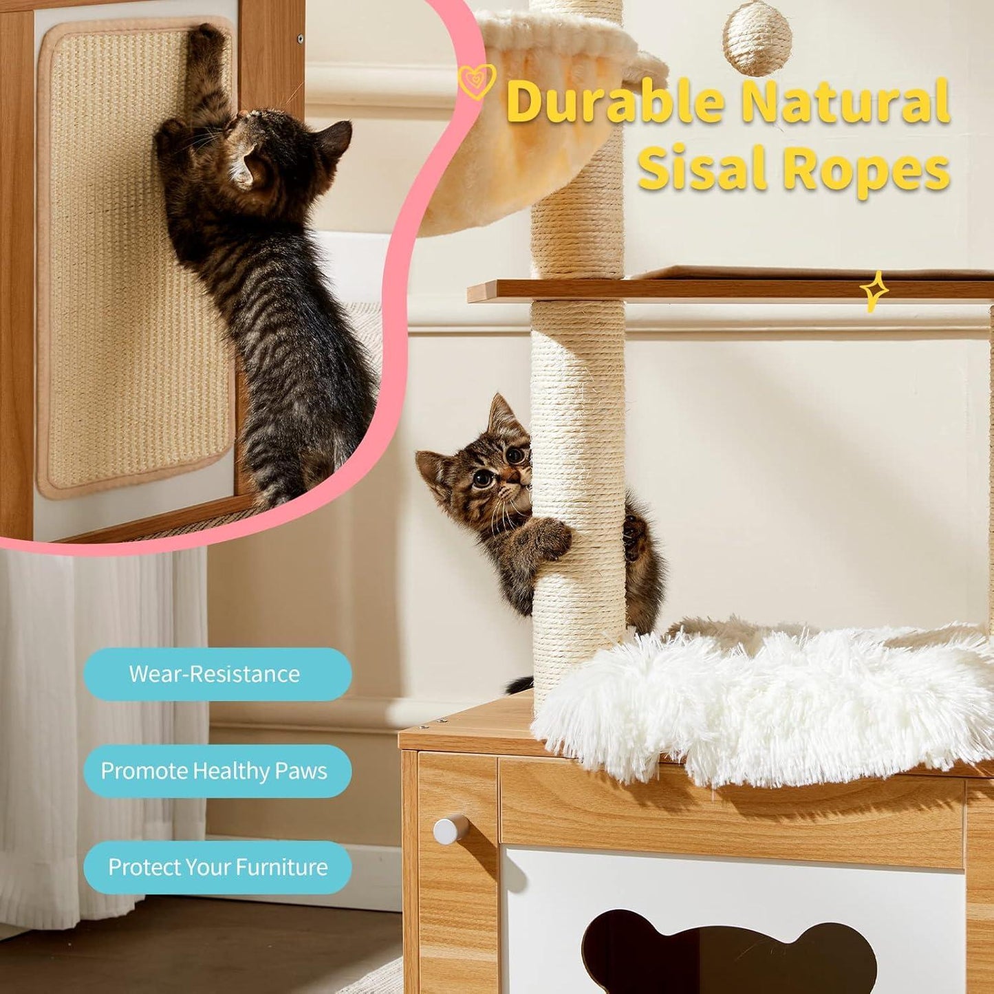Cat playing on a wooden scratching post with text highlighting features like durable natural sisal ropes.