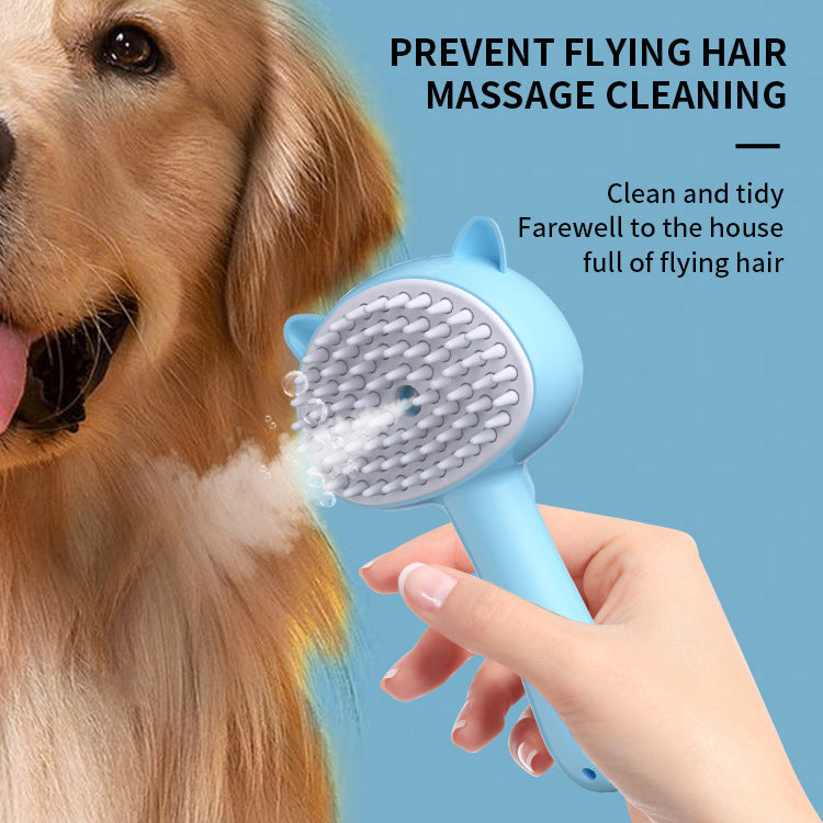 Dog being groomed with a blue grooming brush against a blue background