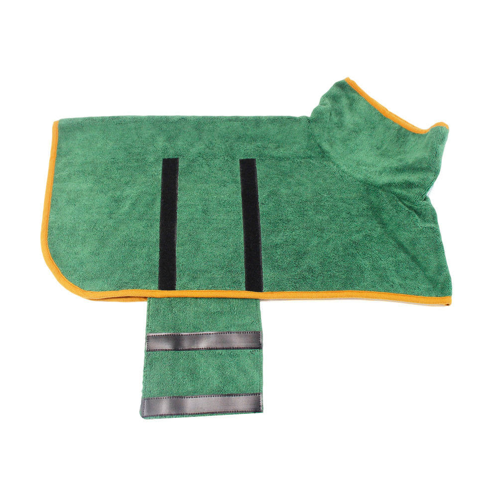 Green dog towel with black stripes and yellow trim on a white background