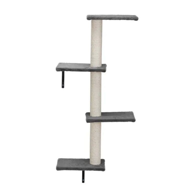 Cat tree with multiple platforms and a scratching post on a white background