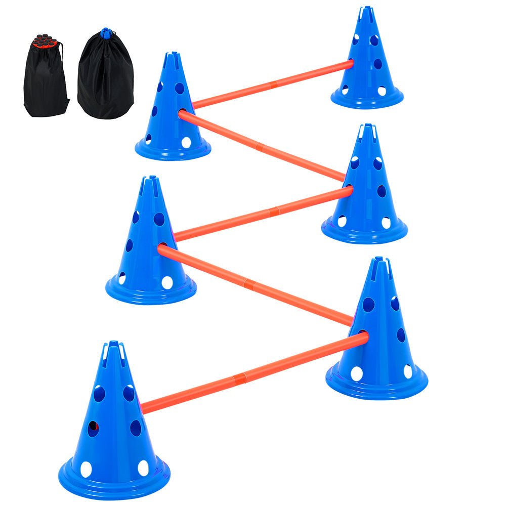 Blue plastic agility cones with orange rods on a white background