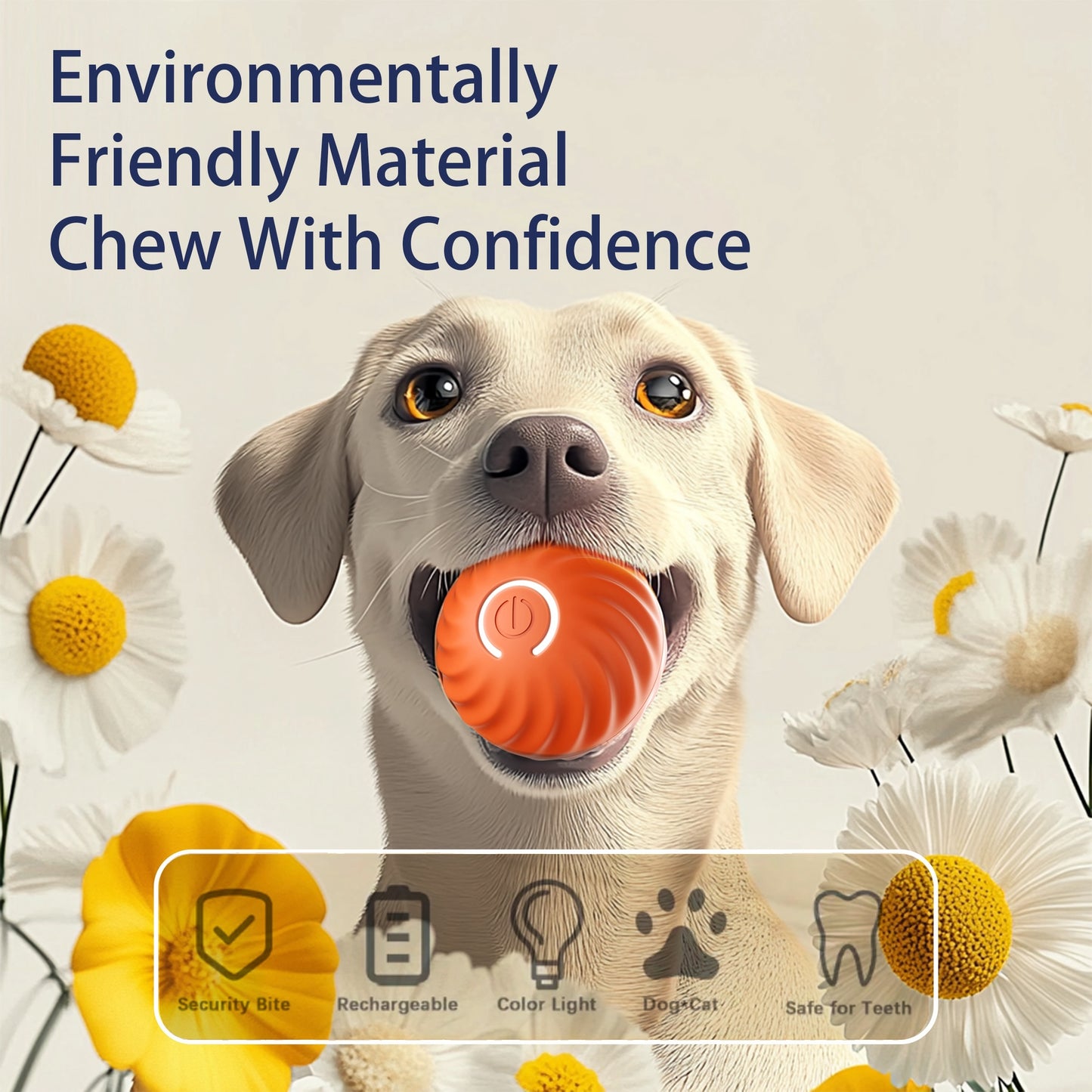 White dog with an orange ball in its mouth and the words Environmentally Friendly Material Chew with Confidence.