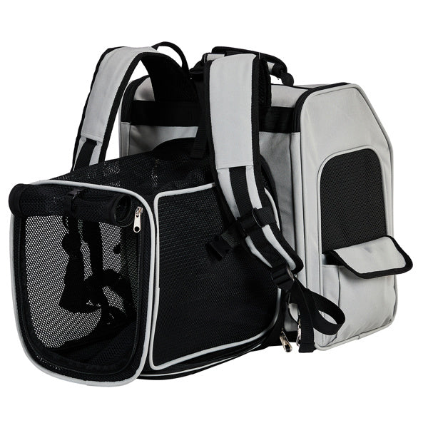 Pet carrier backpack with black and gray design on a white background