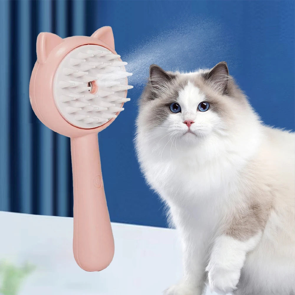 Cat grooming brush with a cat using it against a blue background