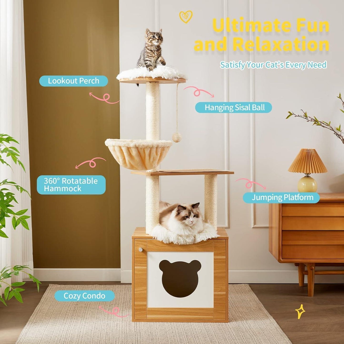 Multi-level cat tree with various features labeled in a home setting