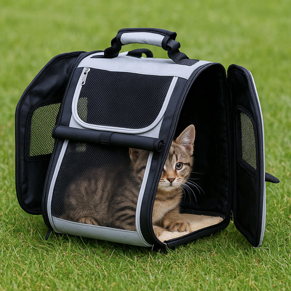 Pet carrier with a cat inside on a grassy background