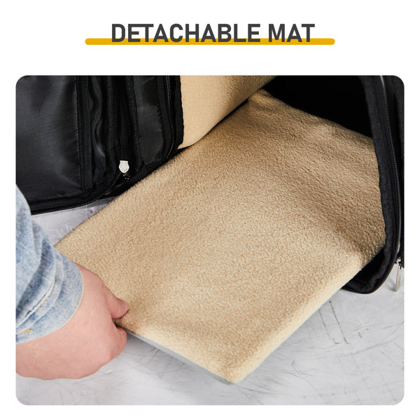 Beige detachable mat being placed into a black bag with text 'Detachable Mat'.