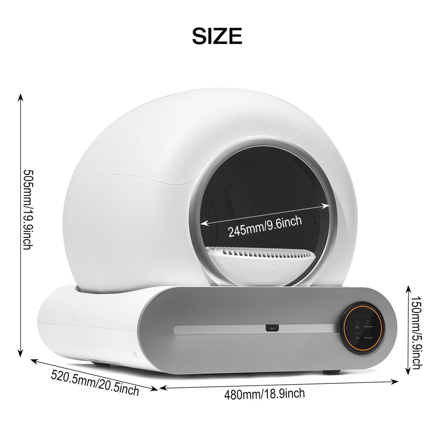 Measurement chart of a white electronic device with dimensions labeled