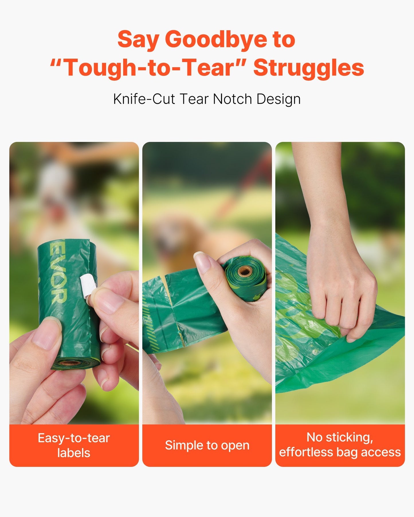 Product packaging with a knife-cut tear notch design for easy opening, shown in three stages.