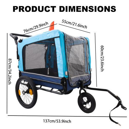 Blue and gray pet stroller with dimensions labeled on a white background