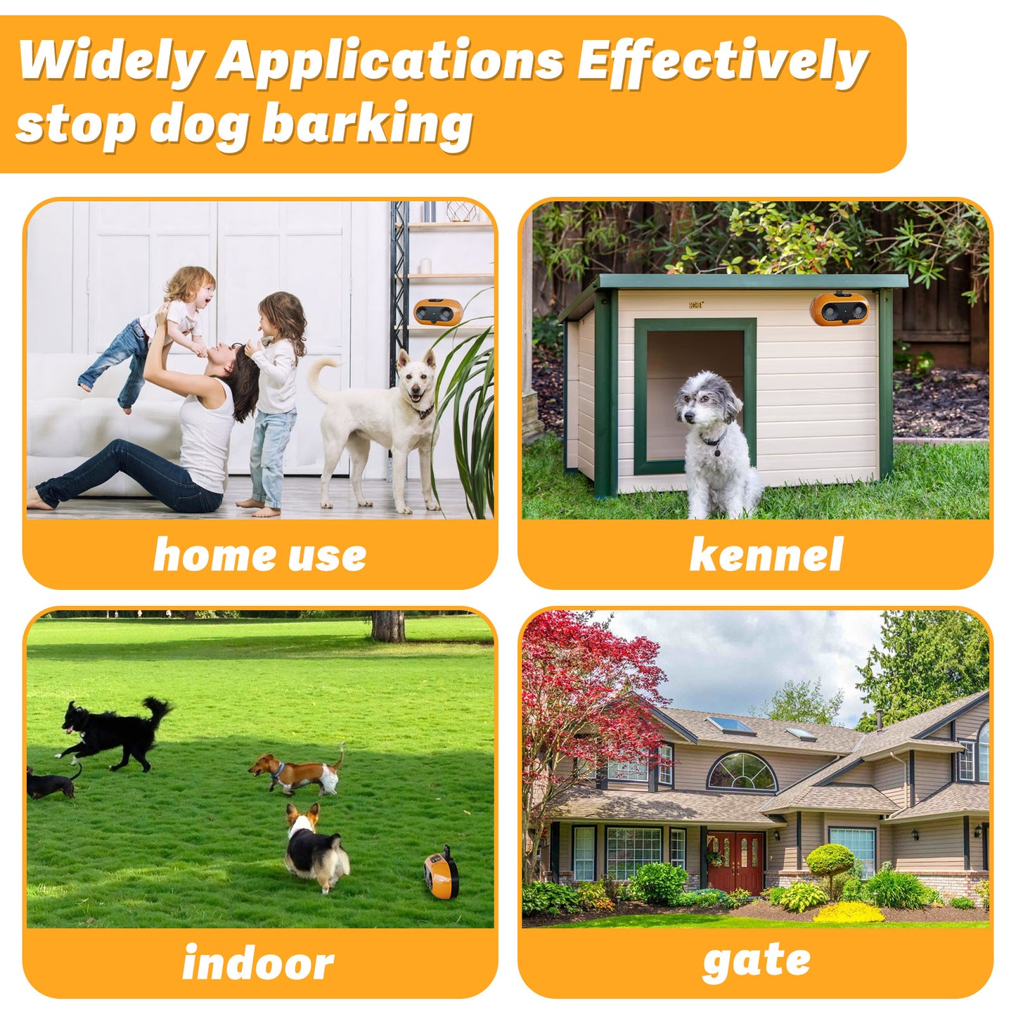 Product advertisement showing various uses of a device to stop dog barking, including home use, kennel, indoor, and gate.