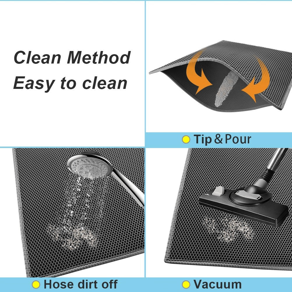 Cleaning method illustration with a mat being rinsed, poured over, and vacuumed.