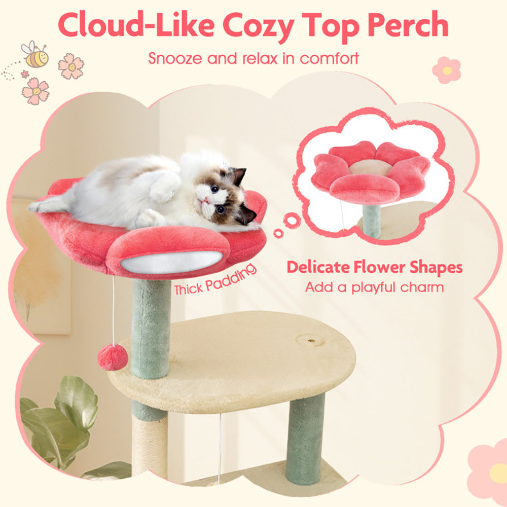 Cat tree with a cloud-like cozy top perch and delicate flower shapes on a light pink background.