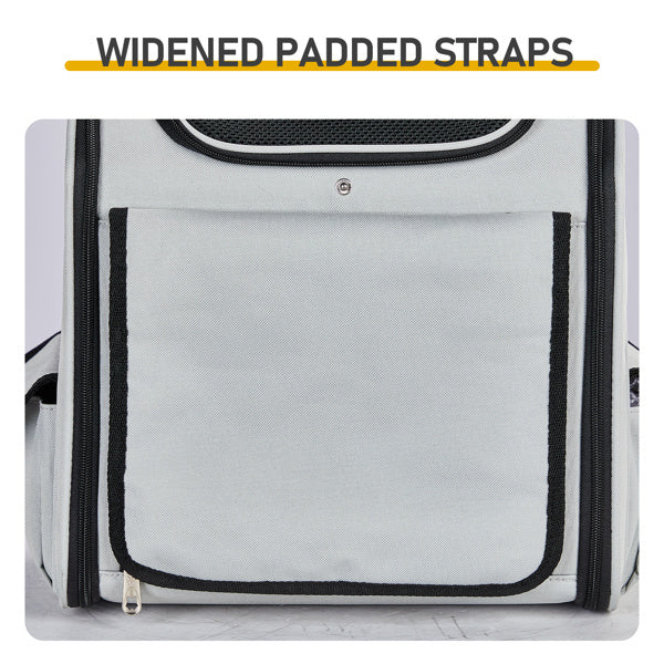 Gray pet carrier with black straps and widened padded straps text
