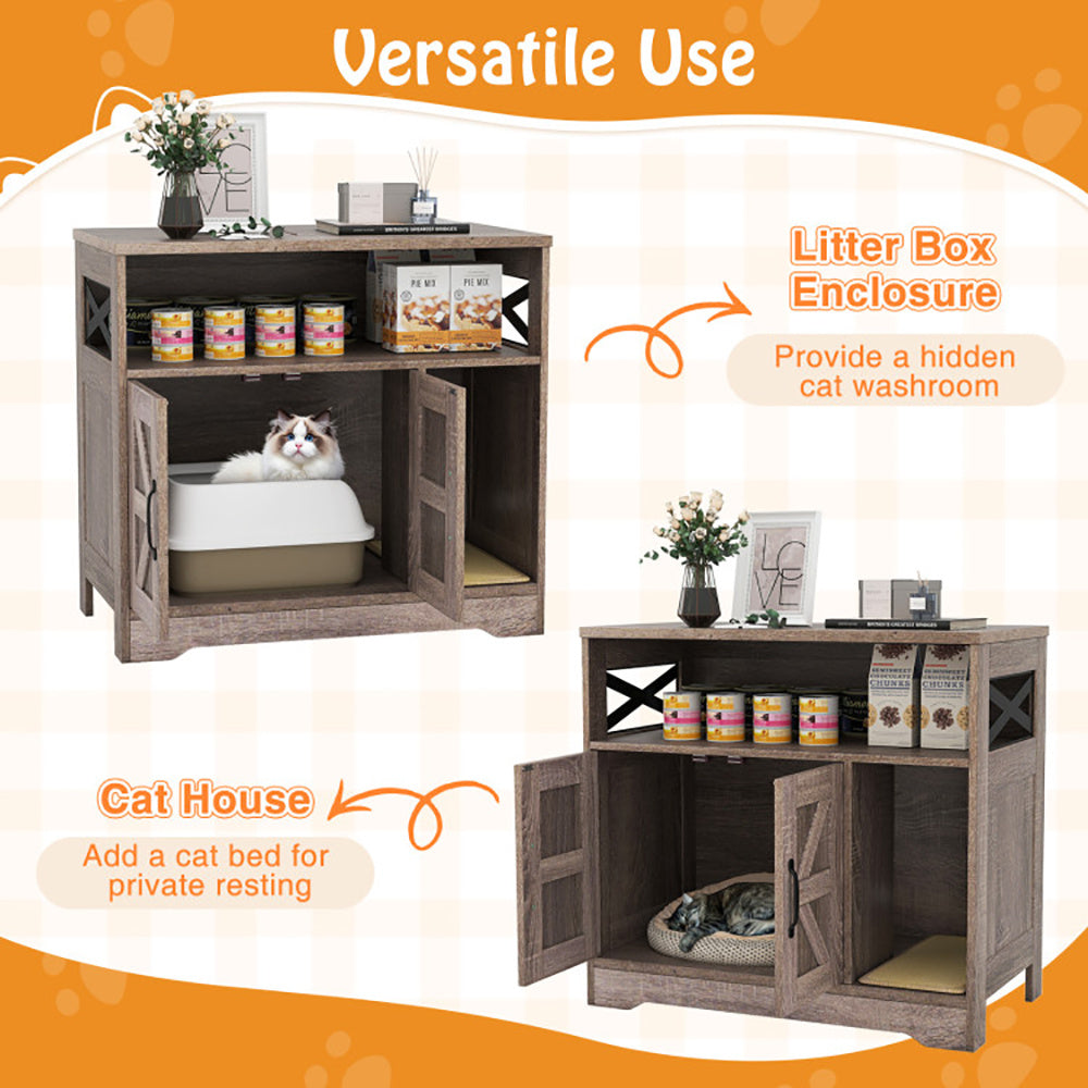 Wooden pet enclosure with cat house and litter box enclosure features on an orange background.