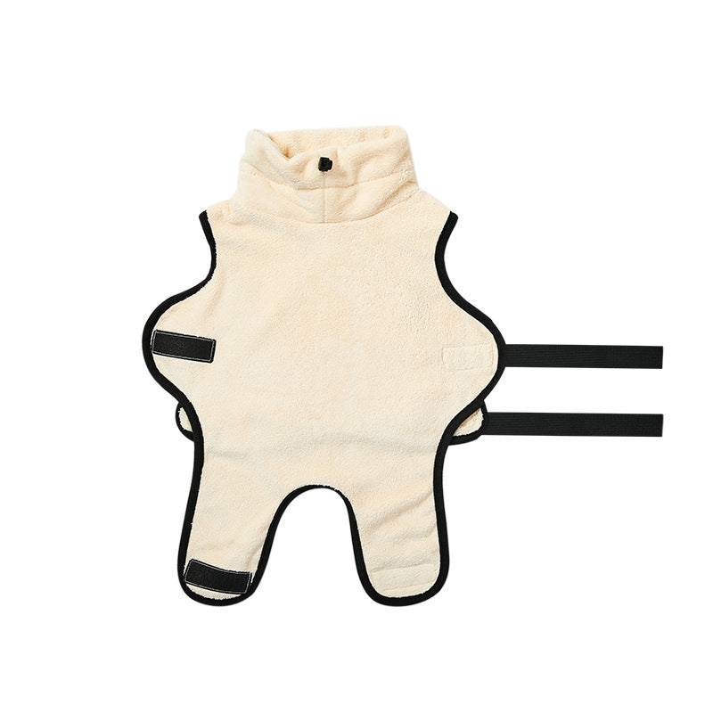 Beige dog bath towel with black straps on a white background