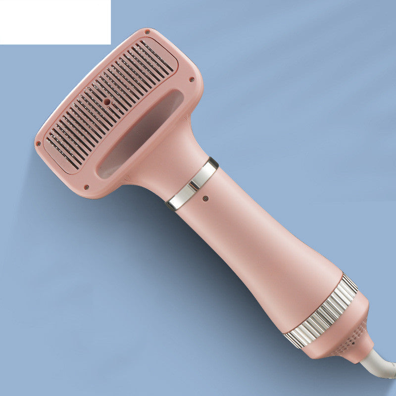 Pink hair dryer with silver accents on a light blue background