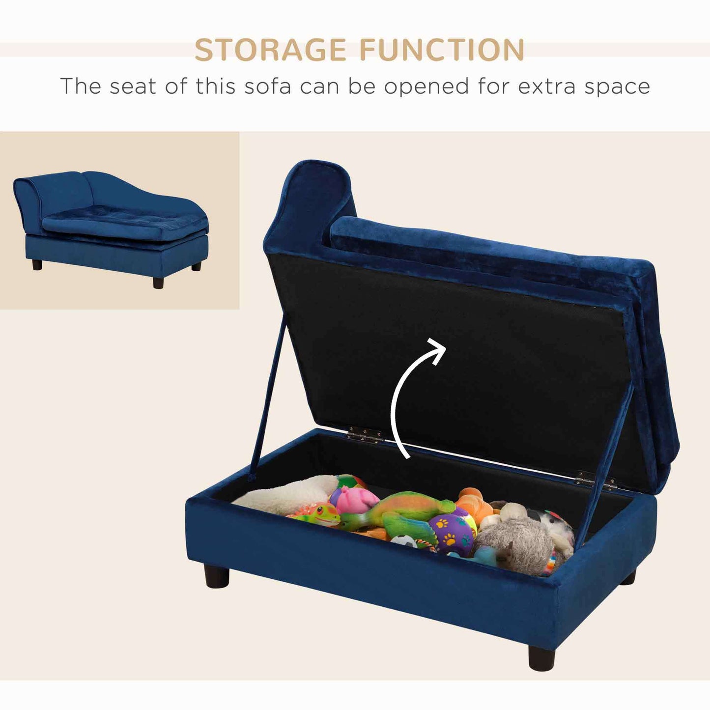 Blue pet storage sofa with toys inside, showing the open seat for extra space.