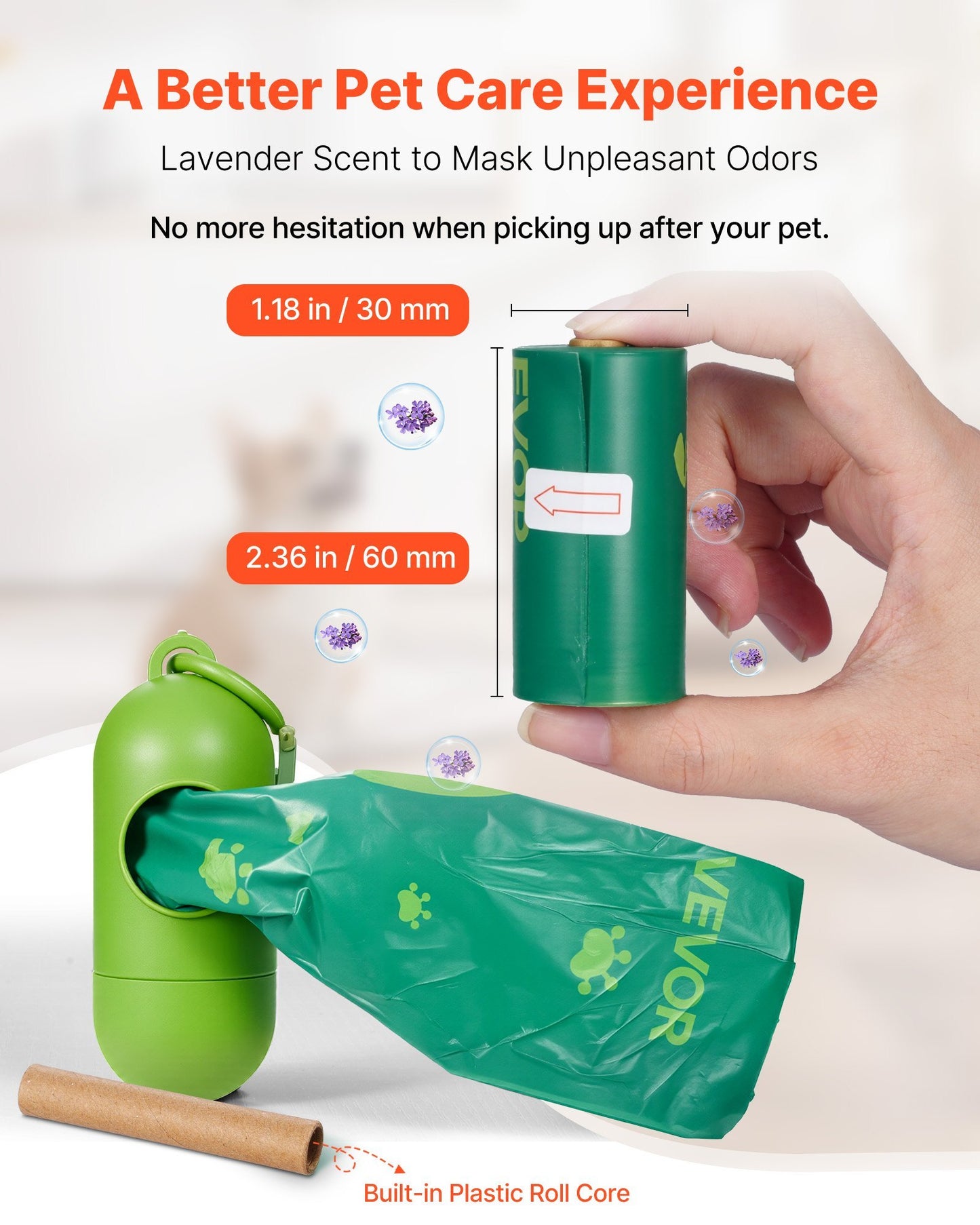 Pet waste bag dispenser with green bags and lavender scent packaging on a white background