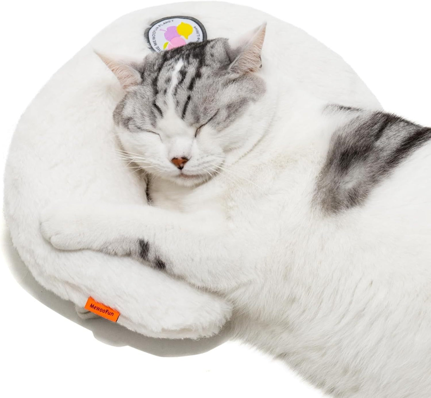 Cat sleeping on a round pillow with a colorful tag on a white background