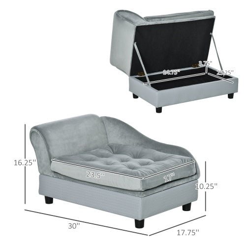 Gray tufted ottoman with open lid showing storage compartment, dimensions displayed.