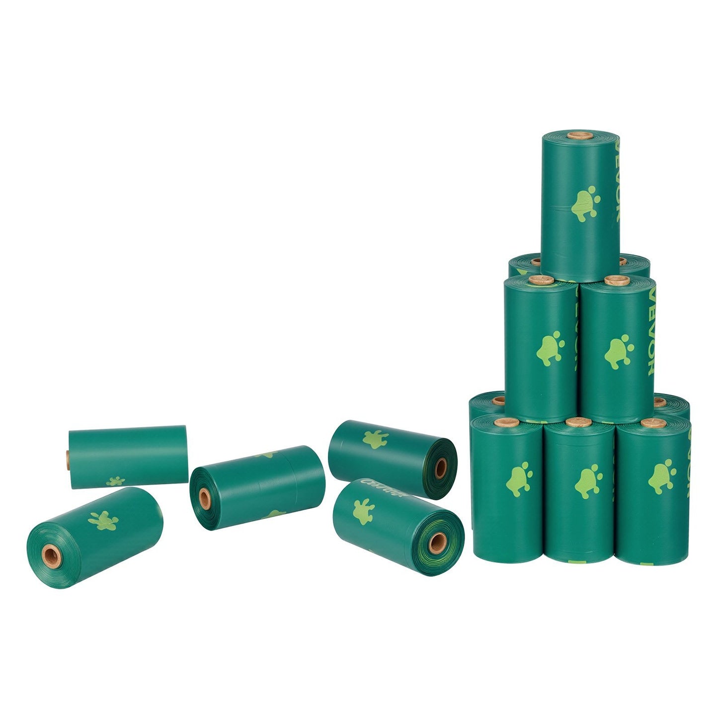 Stack of green rolls with paw prints on a white background
