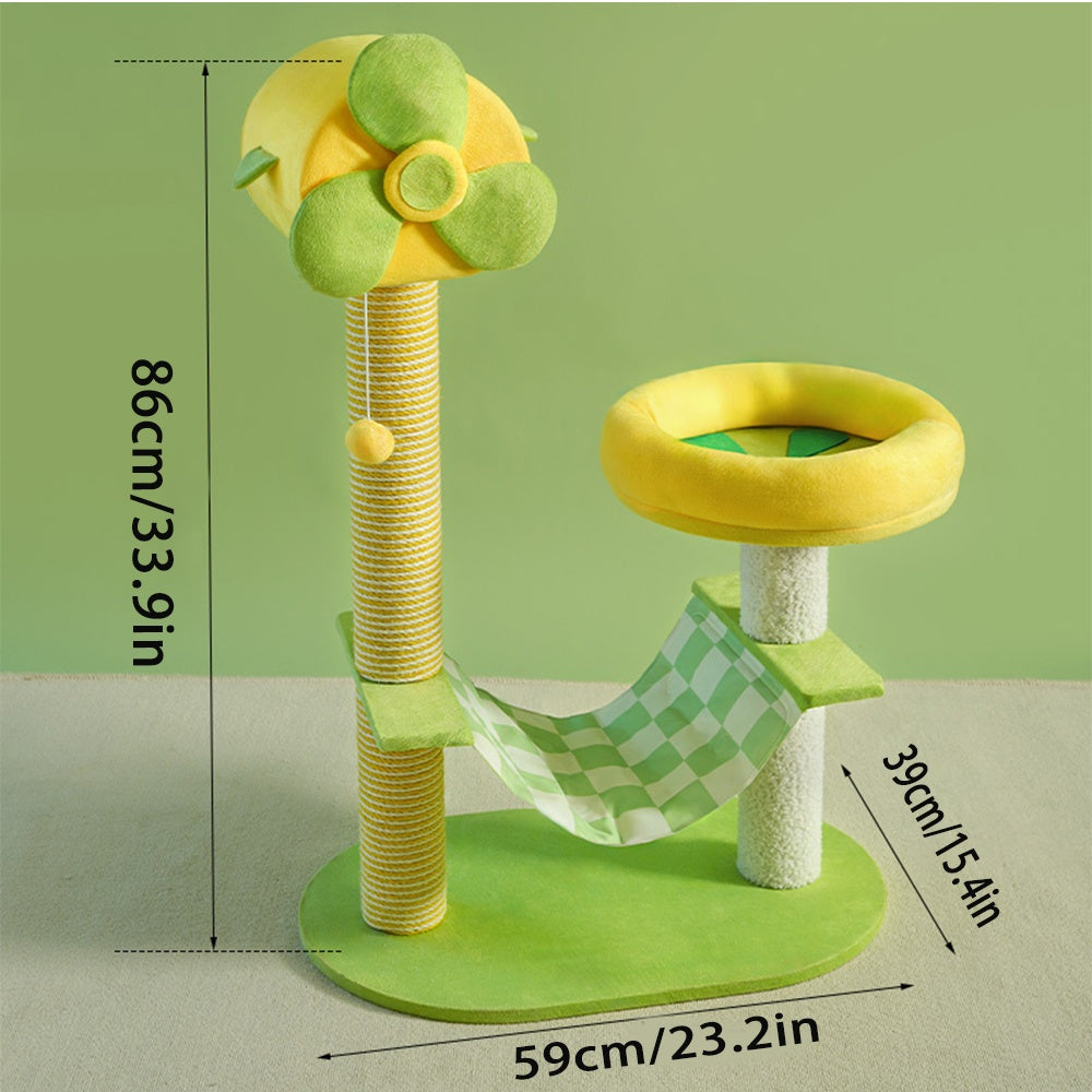 Green and yellow cat play structure with dimensions on a green background