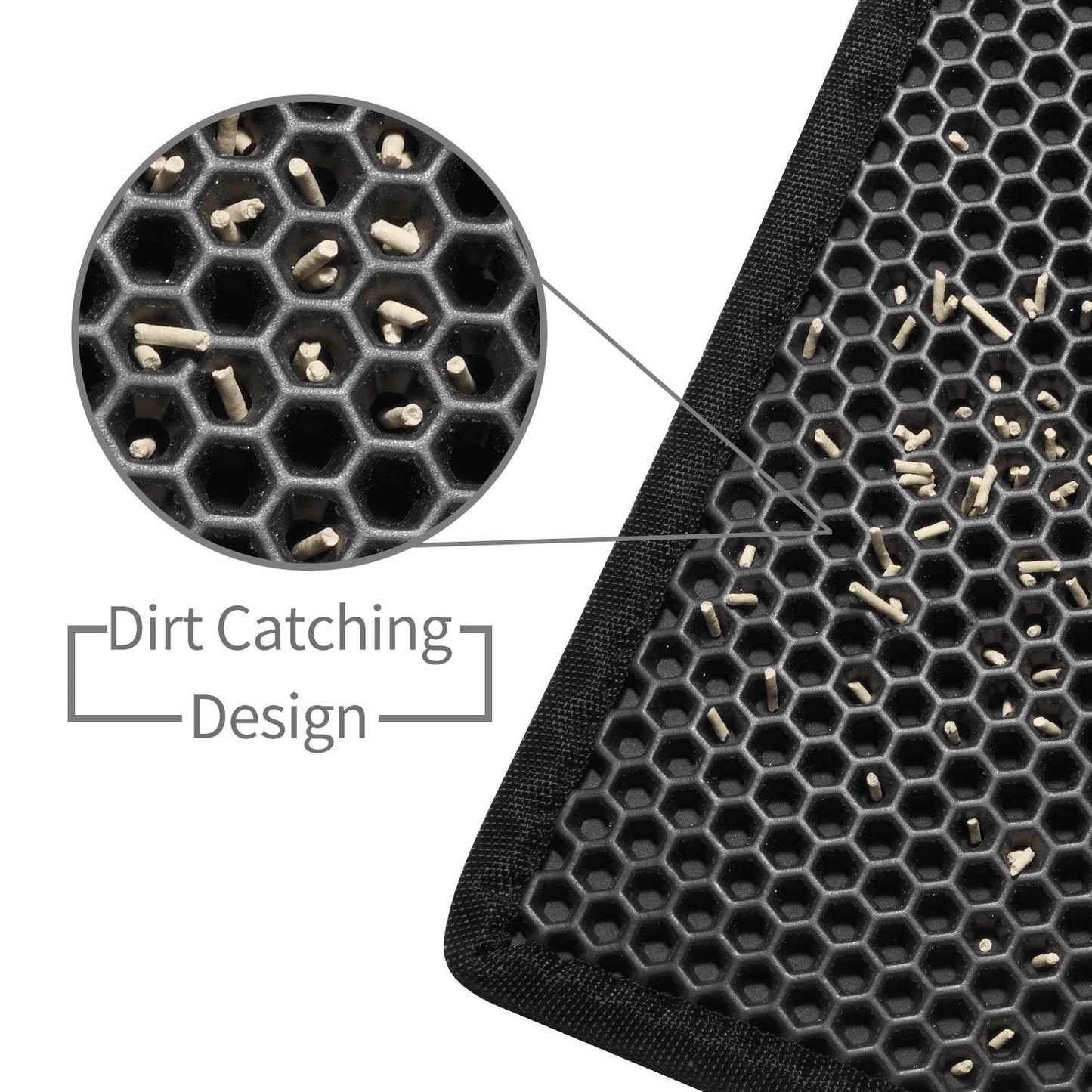Close-up of a black mat with honeycomb design and dirt-catching features.