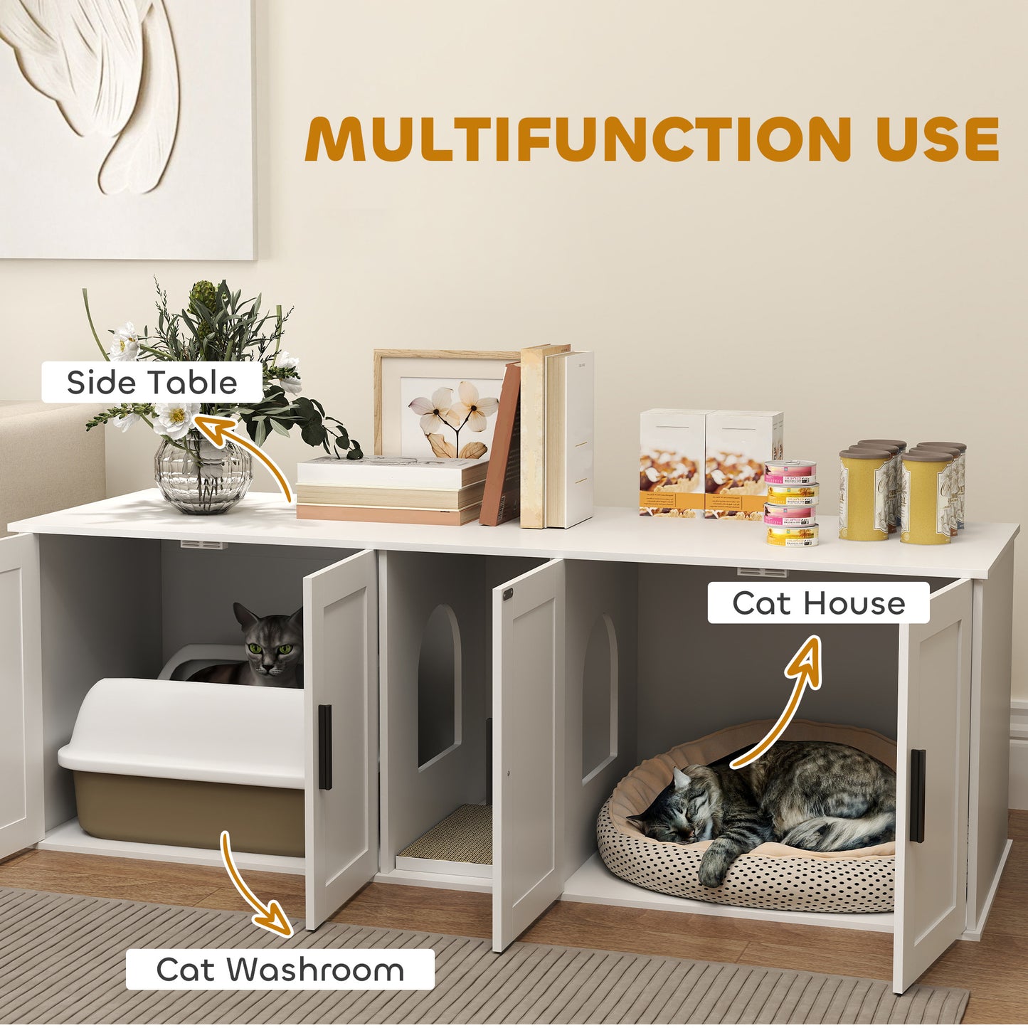 Multifunctional pet furniture with cat house, washroom, and side table features.