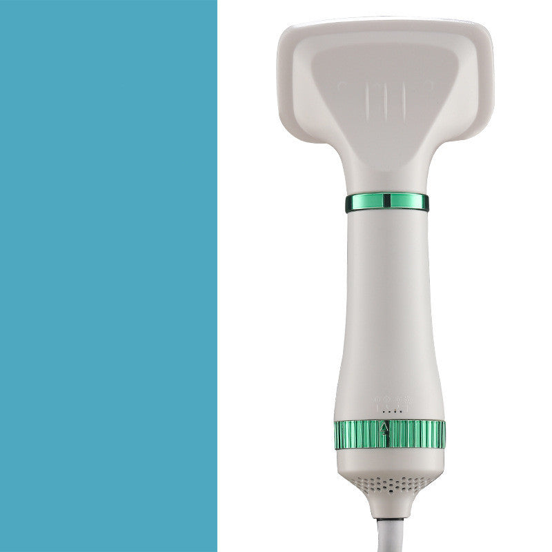 White handheld device with green accents on a white background
