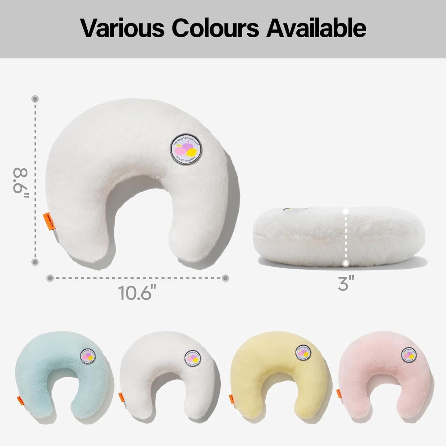 White neck pillow with dimensions and color options displayed.