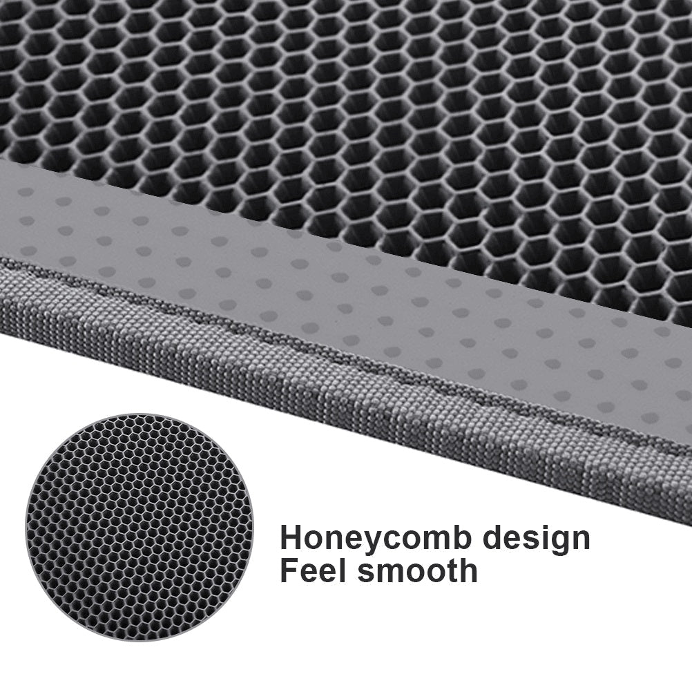 Textured surface with honeycomb design and a close-up inset, labeled 'Honeycomb design Feel smooth'.