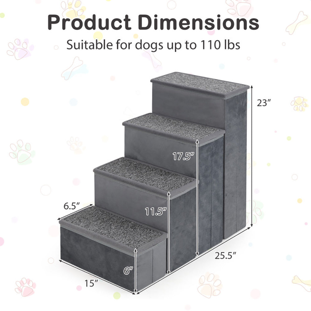 Set of four gray pet stairs with dimensions on a white background