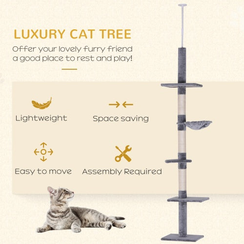 Cat tree with features listed on a beige background
