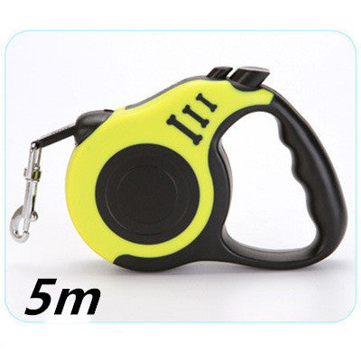 Yellow and black retractable dog leash with '5m' label on a white background