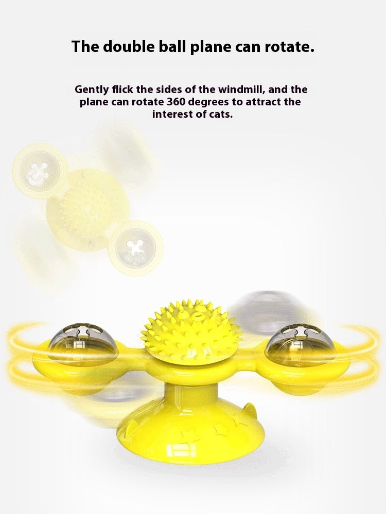 Yellow double ball plane toy with text explaining its features on a white background