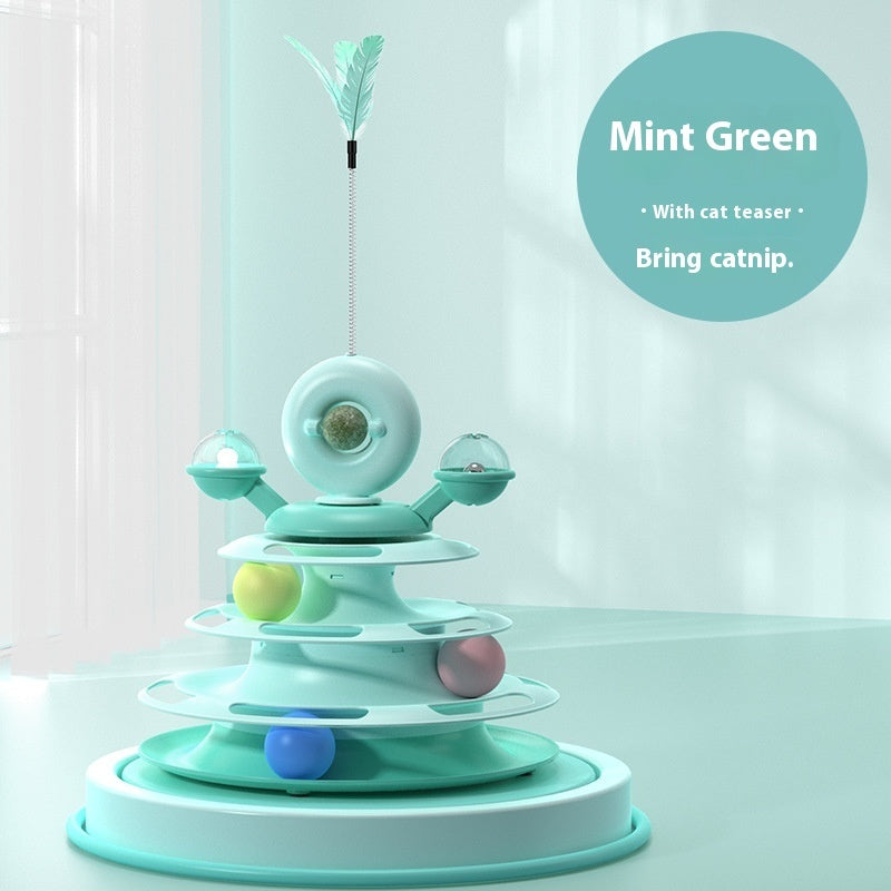 Mint green cat toy with feather and catnip on a light background