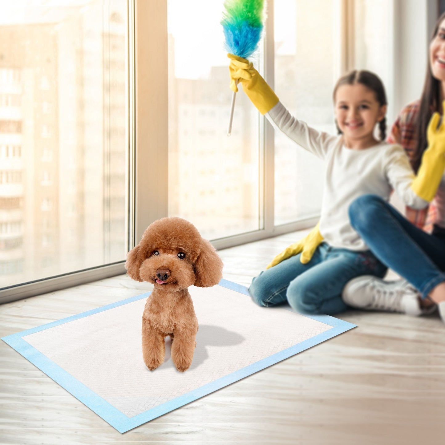 Brown poodle standing on a training pad and a mother and her dog are happy behind him, while holding leaning brush.
