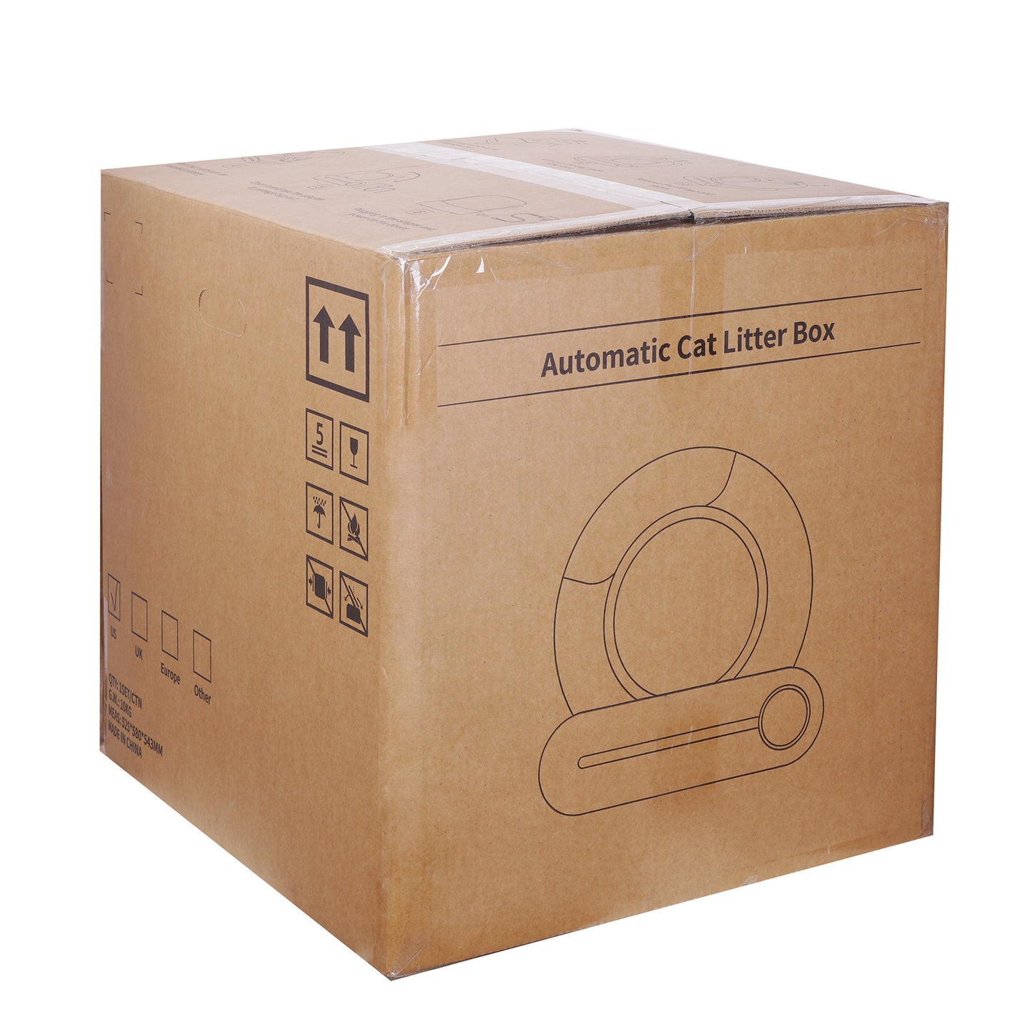 Cardboard box for an automatic cat litter box on a white background