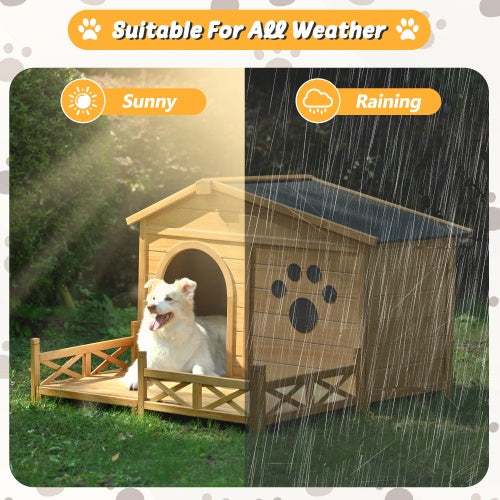 Wooden doghouse with a dog inside, shown in sunny and rainy conditions.