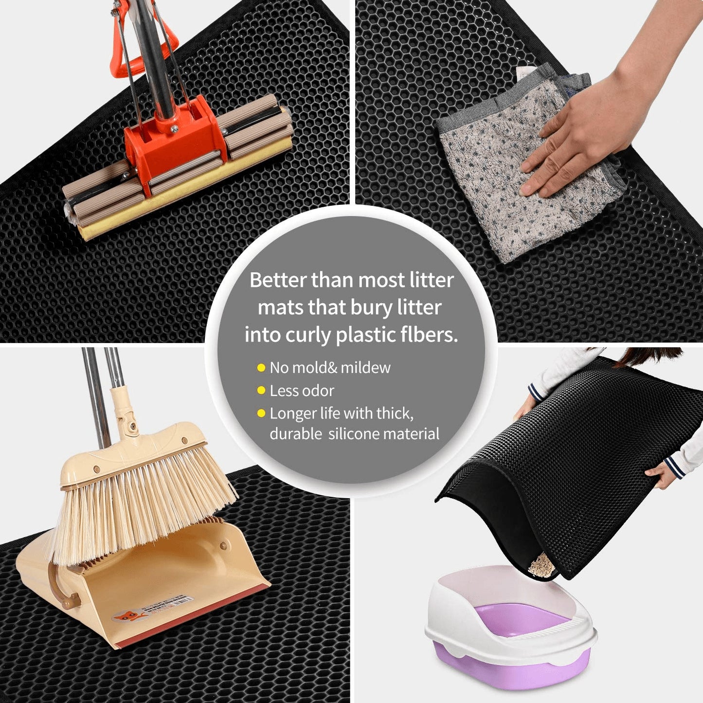 Collage of litter mat cleaning tools and features on a black honeycomb background.