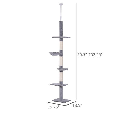 Gray cat tree with dimensions on a white background
