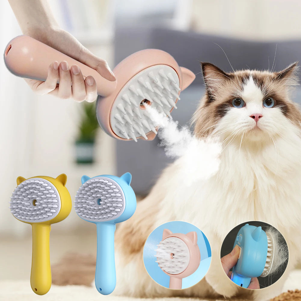 Pet grooming brush with a cat and close-up details on a blurred background
