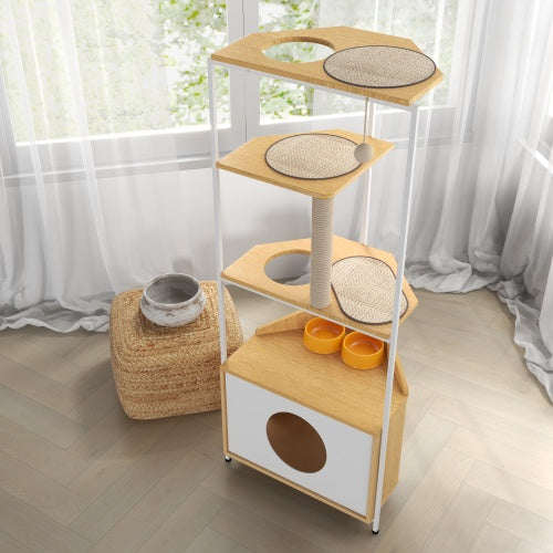 Wooden pet play structure with platforms and a hideout area on a wooden floor.