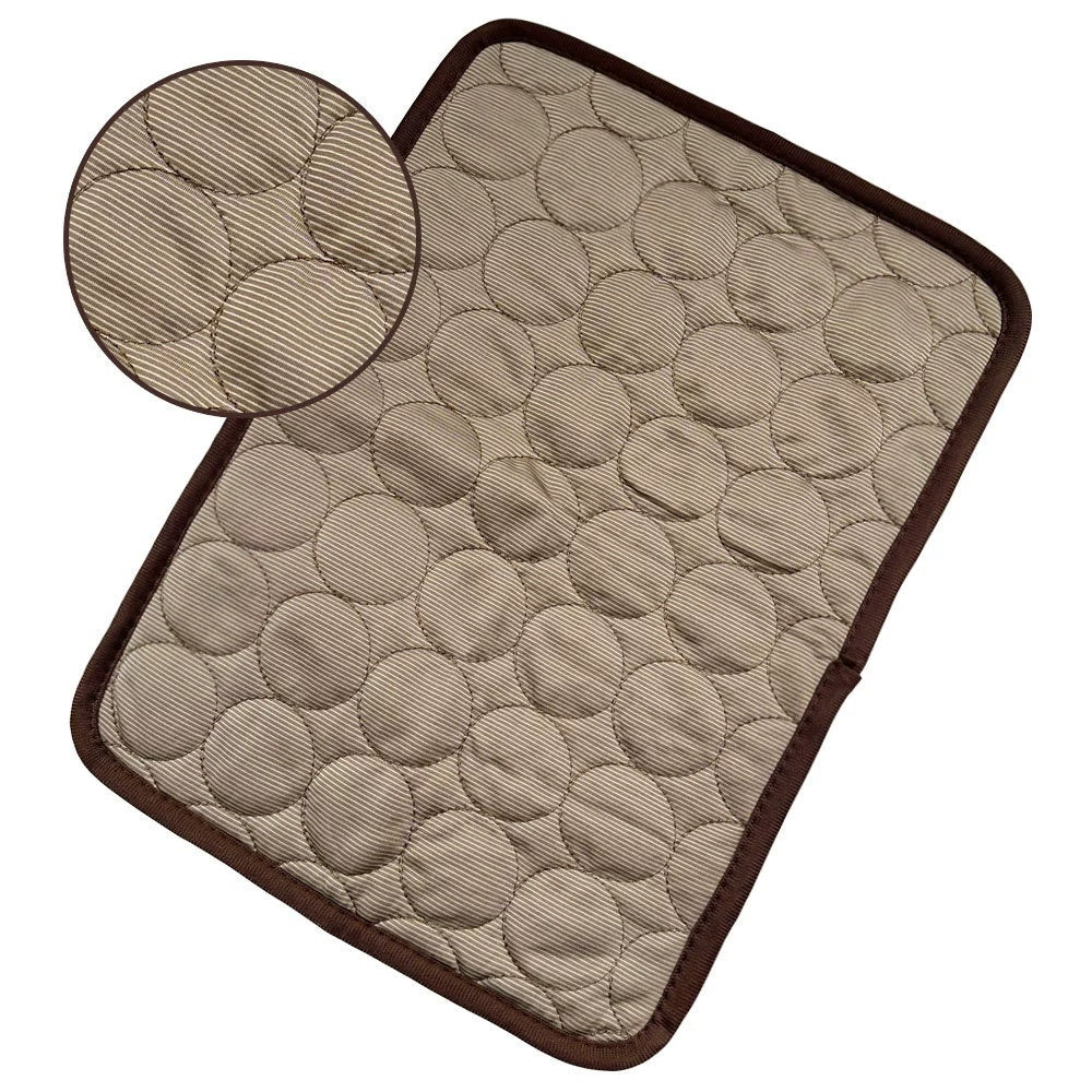Textured brown self-cooling pet pad with circular pattern on a white background