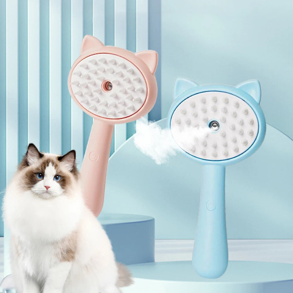Two cat-shaped handheld devices with a fluffy white cat sitting next to them on a light blue background.